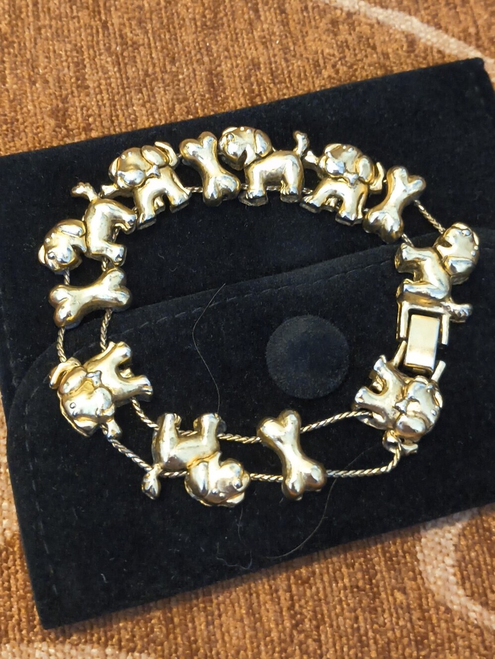 Vintage Y2K Adorable Puppy Dogs Bones Charm Slider Bracelet Gold-Tone 🐶